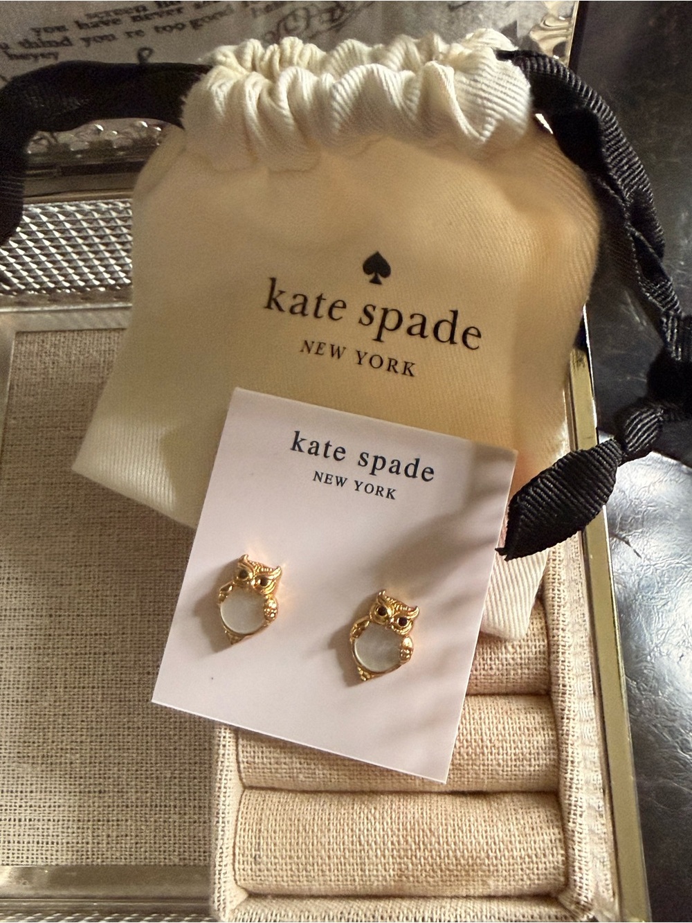 kate spade Gold Owl Stud Earrings with White/Opalescent Accents